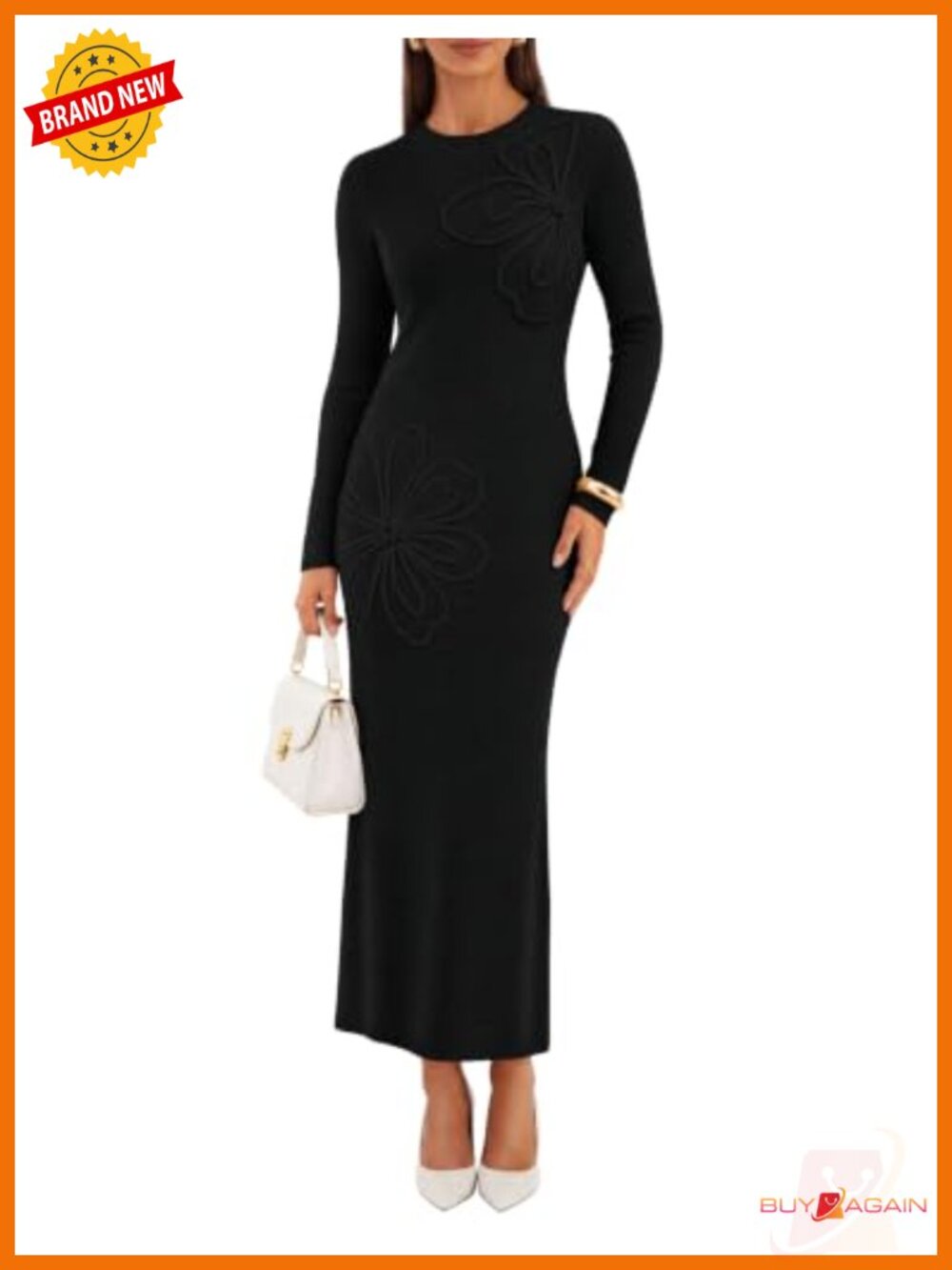 Womens Floral Knit Long Sleeve Bodycon Maxi Sweater Dress